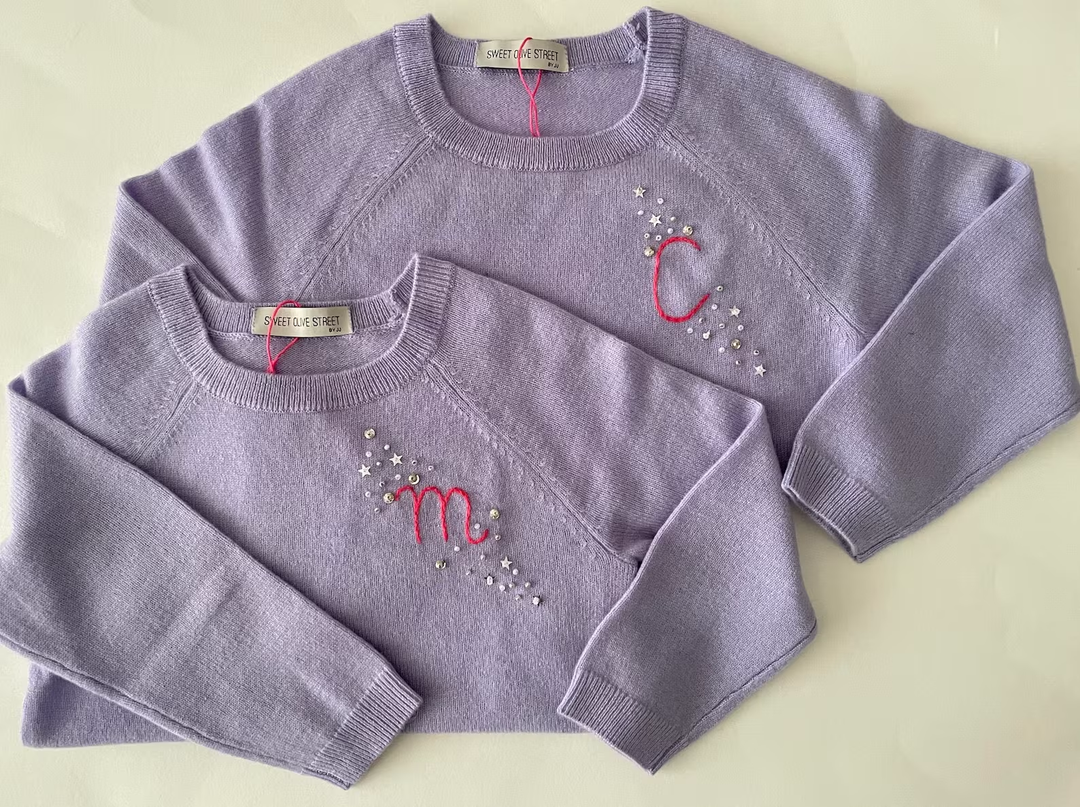 Personalized and Hand Embroidered Sequin Initial - Purple Cashmere Sweater