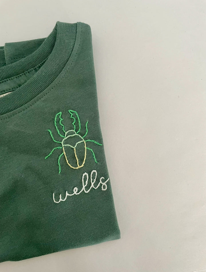 Green Bug Tee with Custom Name Hand Embroidery - T-Shirt