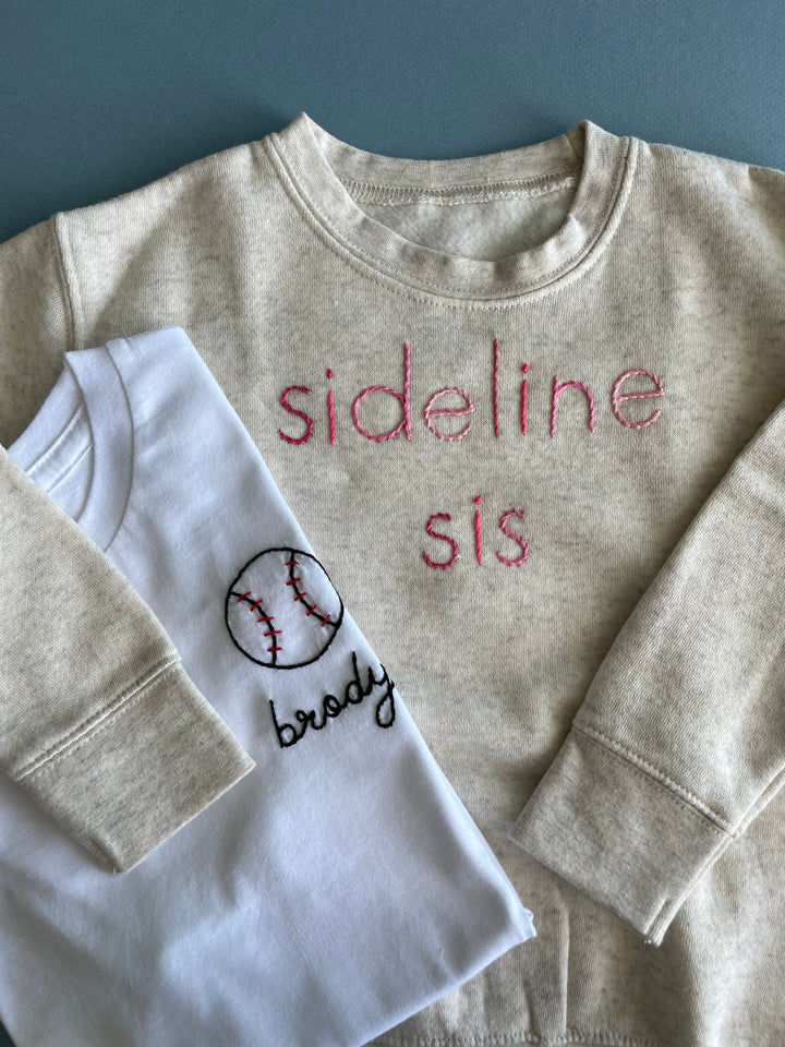 Sideline Sis Cream Sweatshirt hand embroidered in ombre pink thread