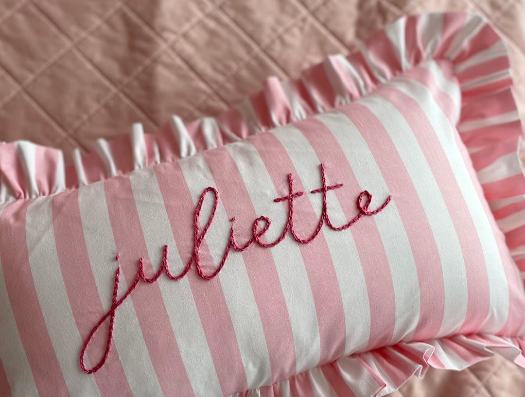 Pink and White Stripe pillow with Personalized name - hand embroidered