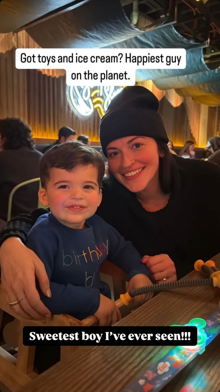 Birthday Boy - blue sweatshirt - rainbow hand embroidered letters