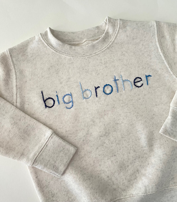 Big or Lil Brother Cream Sweatshirt hand embroidered in ombre blue thread