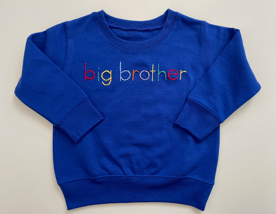 Big Brother Blue Sweatshirt Hand Embroidered with Rainbow Thread