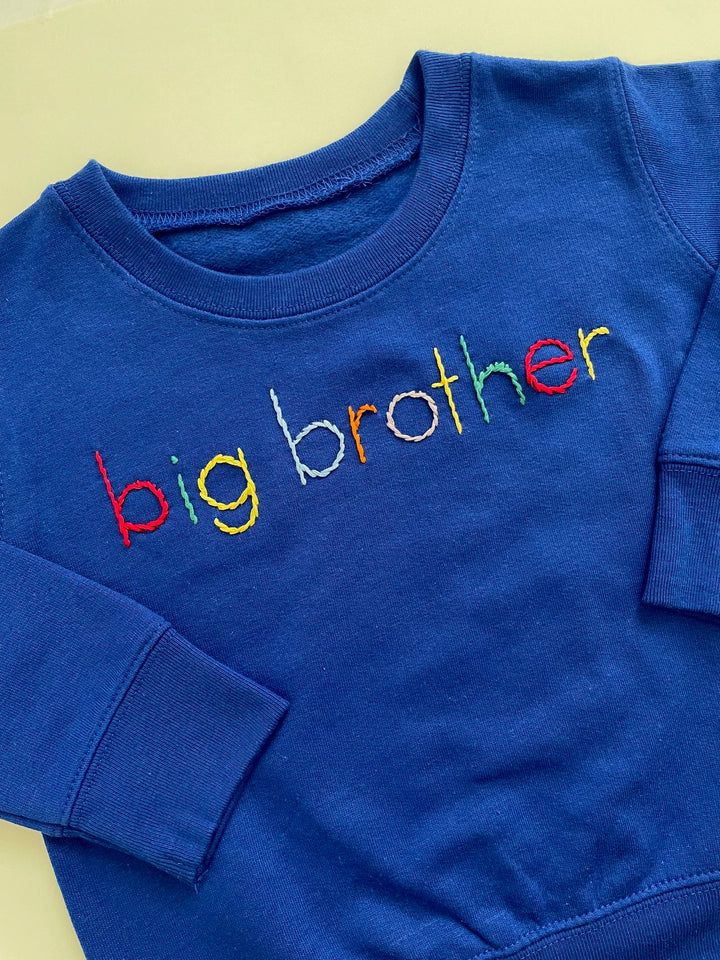 Big Brother Blue Sweatshirt Hand Embroidered with Rainbow Thread