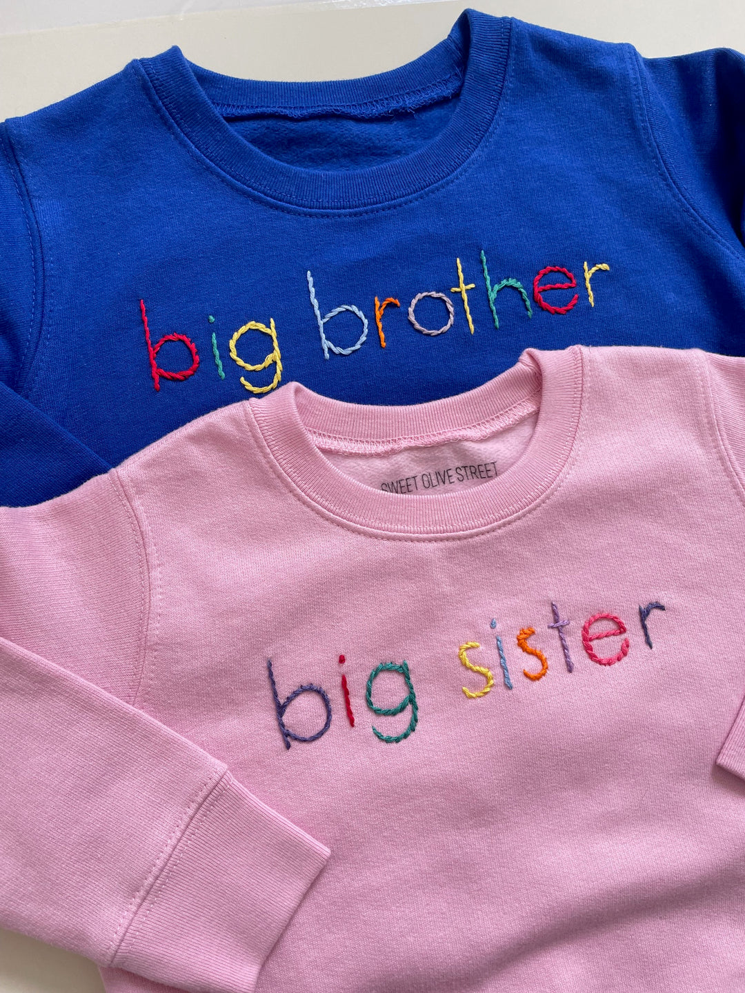 Big Brother Blue Sweatshirt Hand Embroidered with Rainbow Thread