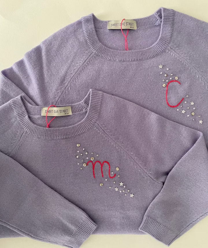 Personalized and Hand Embroidered Sequin Initial - Purple Cashmere Sweater
