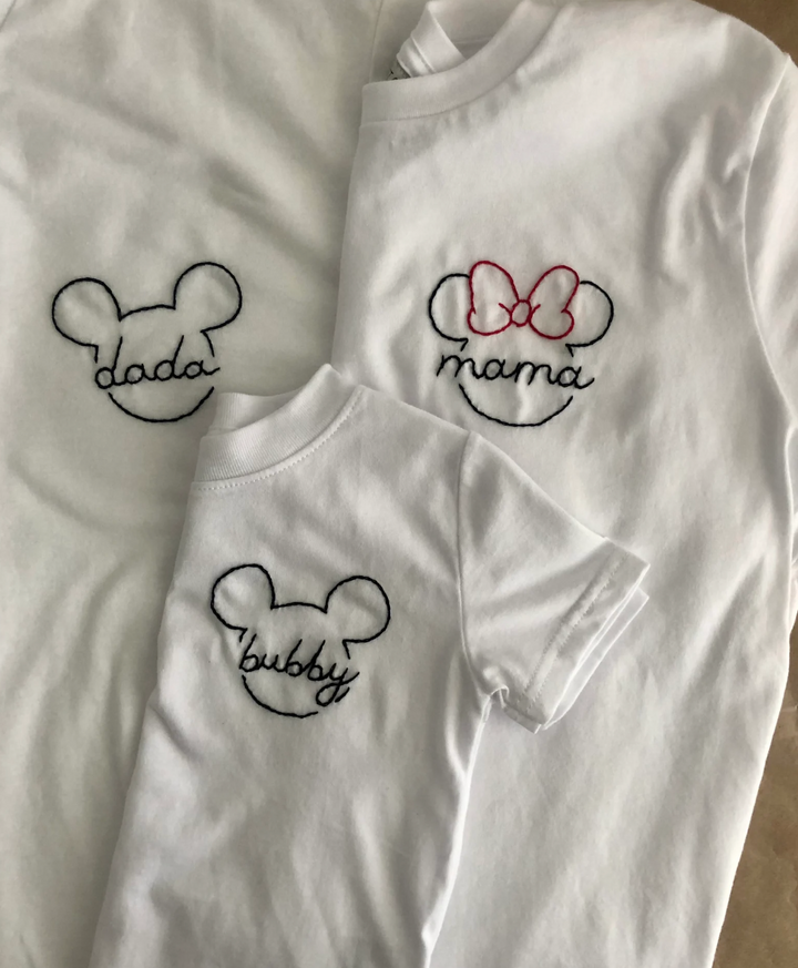 Minnie & Mickey Mouse Custom Name Handmade Embroidery -  T-Shirt