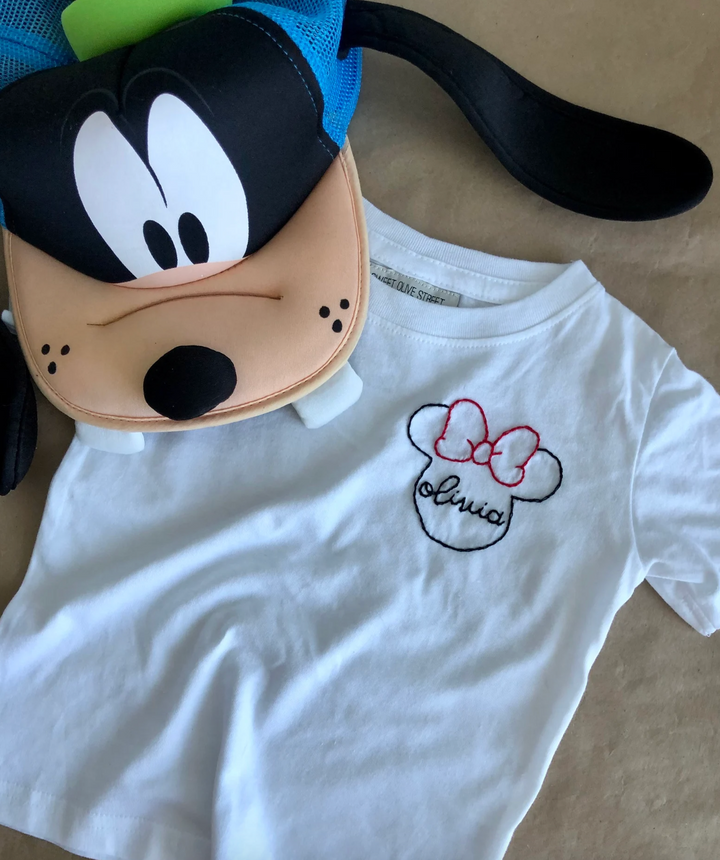 Minnie & Mickey Mouse Custom Name Handmade Embroidery -  T-Shirt