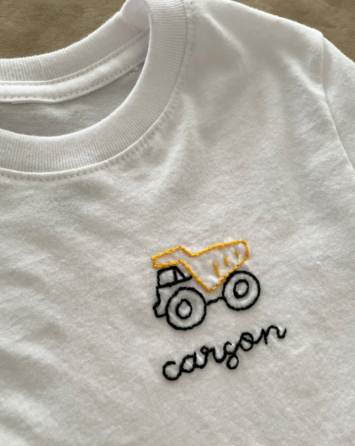 Construction Dump Truck and Name Custom Handmade Embroidery - T-Shirt