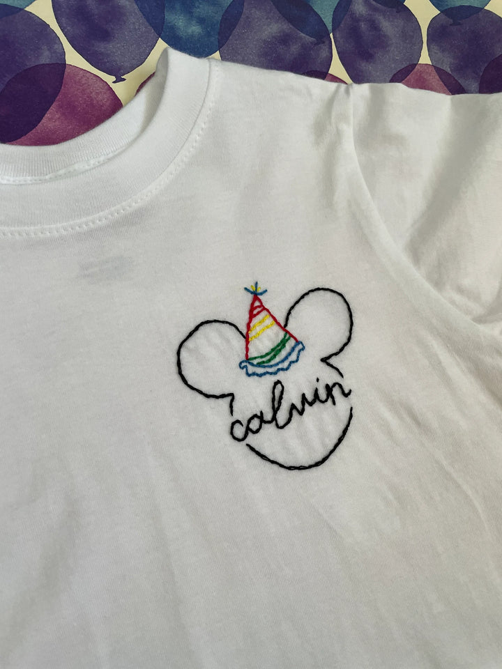 Happy Birthday Minnie & Mickey Mouse Custom Name Handmade Embroidery -  T-Shirt