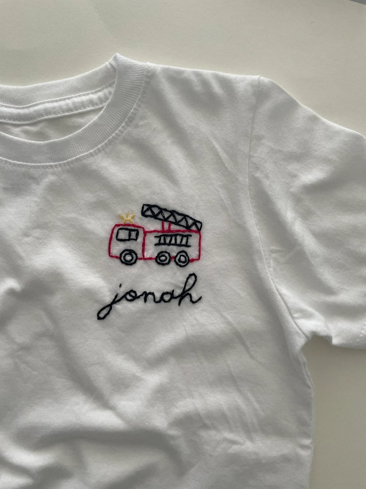 Fire Truck and Name Custom Handmade Embroidery - T-Shirt