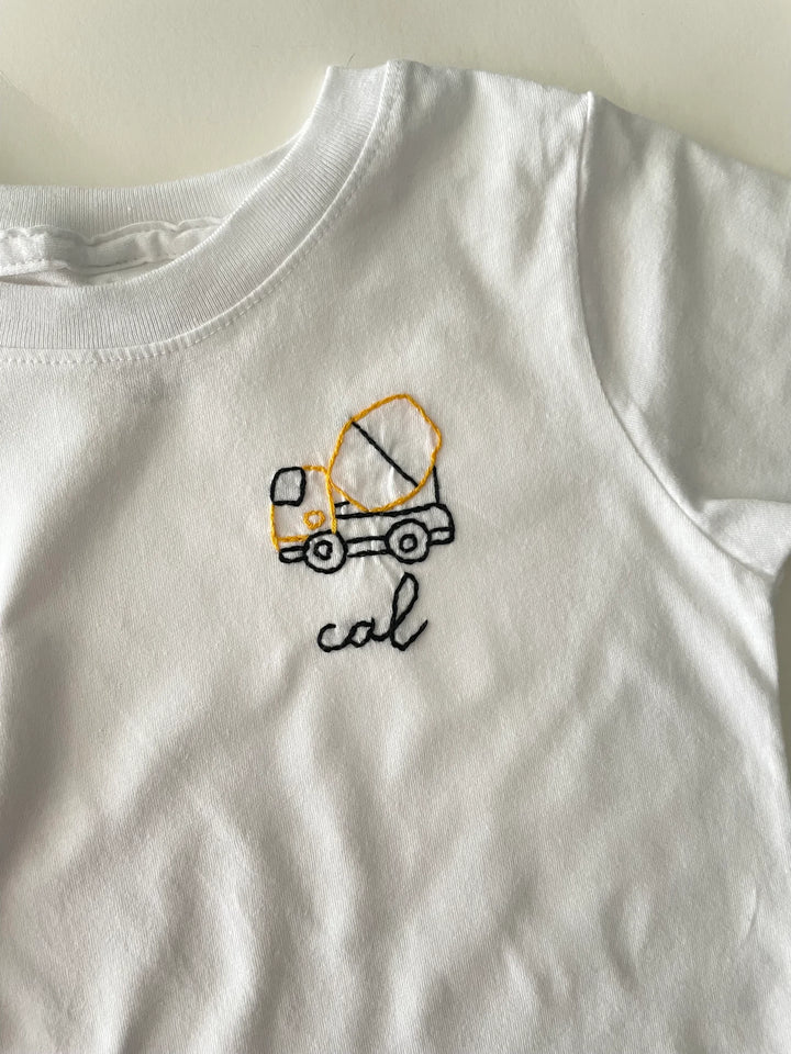 Cement Mixer Construction Truck and Name Custom Handmade Embroidery - T-Shirt