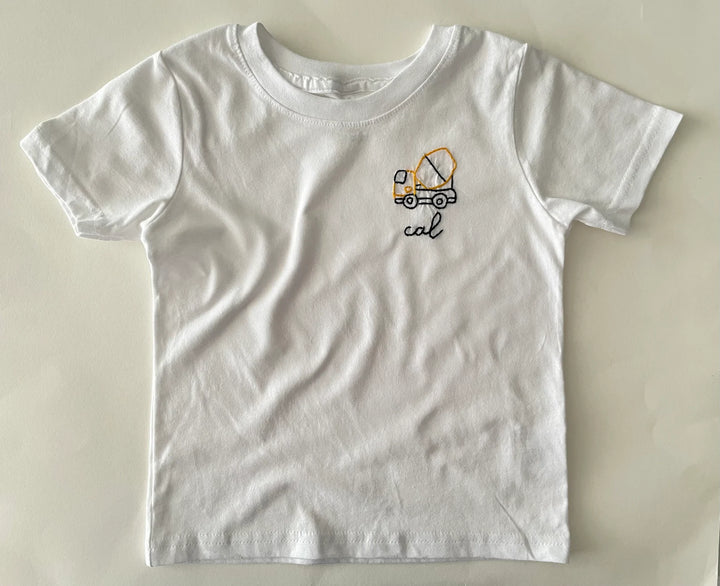 Cement Mixer Construction Truck and Name Custom Handmade Embroidery - T-Shirt