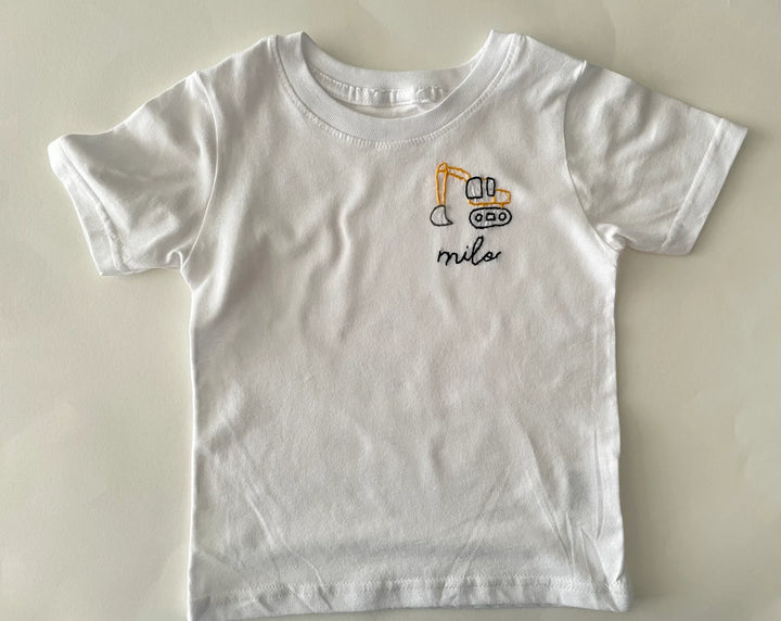 Excavator Construction Truck and Name Custom Handmade Embroidery - T-Shirt