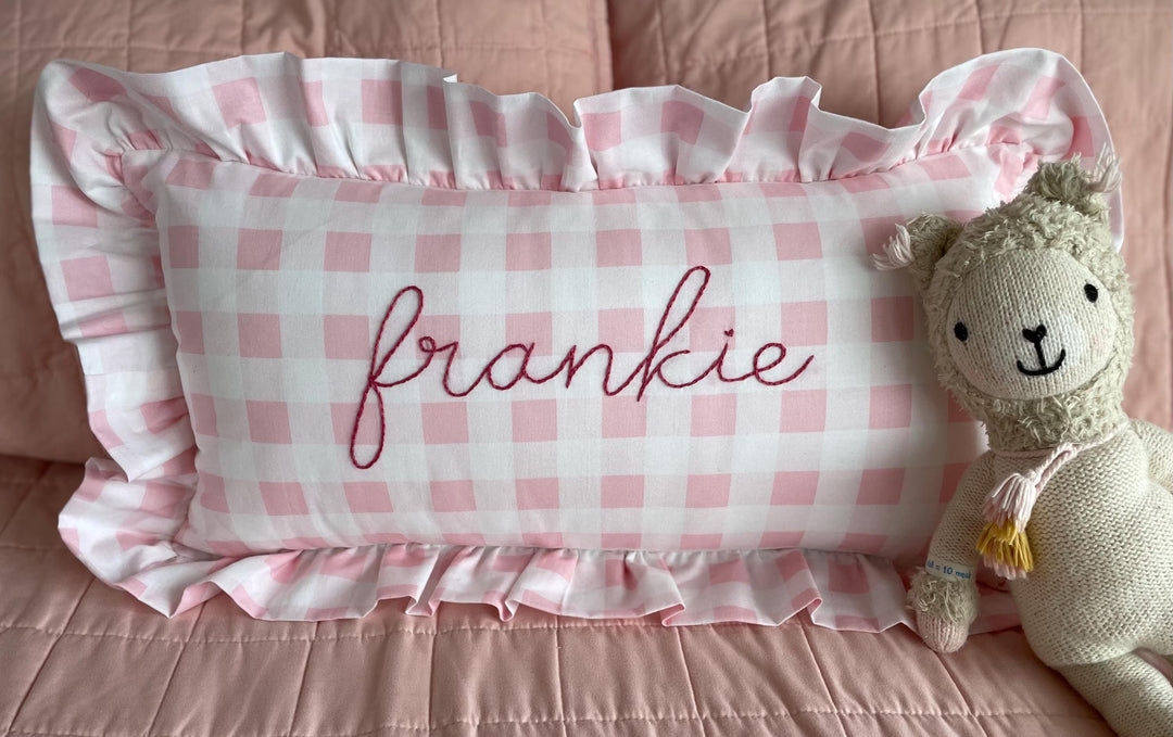 Pink Gingham check print ruffle pillowcase with personalized name- Hand Embroidered