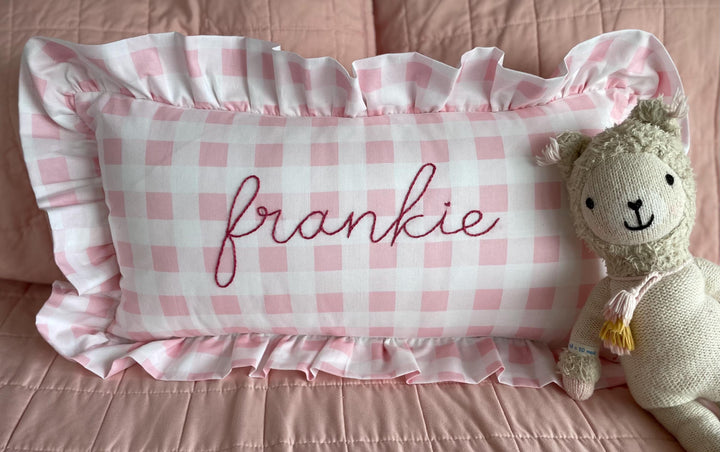 Pink Gingham check print ruffle pillowcase with personalized name- Hand Embroidered