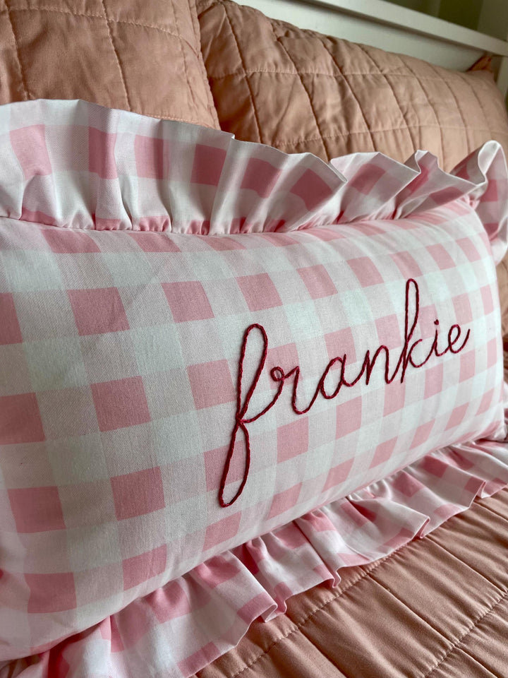 Pink Gingham check print ruffle pillowcase with personalized name- Hand Embroidered