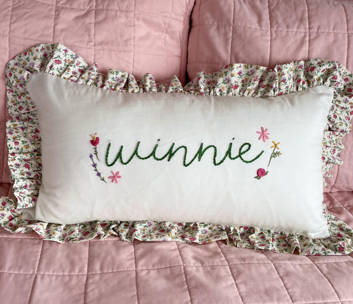 Floral Ruffle Pillowcase with personalized name- Hand Embroidered