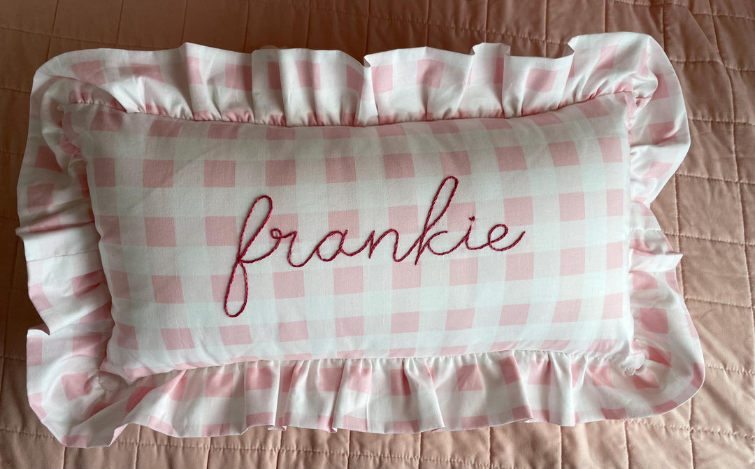 Pink Gingham check print ruffle pillowcase with personalized name- Hand Embroidered