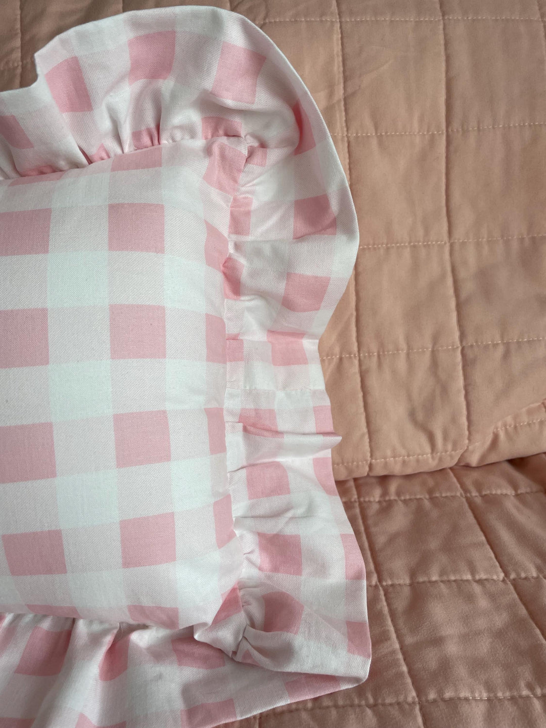 Pink Gingham check print ruffle pillowcase with personalized name- Hand Embroidered