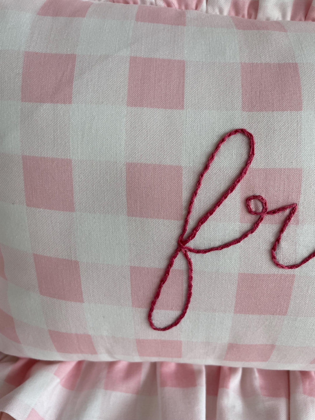 Pink Gingham check print ruffle pillowcase with personalized name- Hand Embroidered