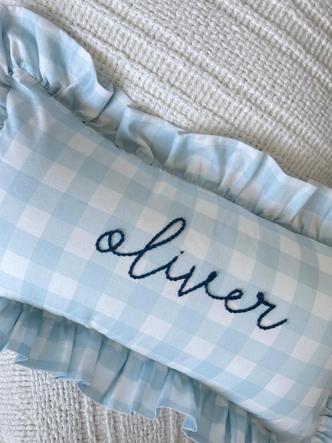 Blue Gingham pillowcase with personalized name- Hand Embroidered