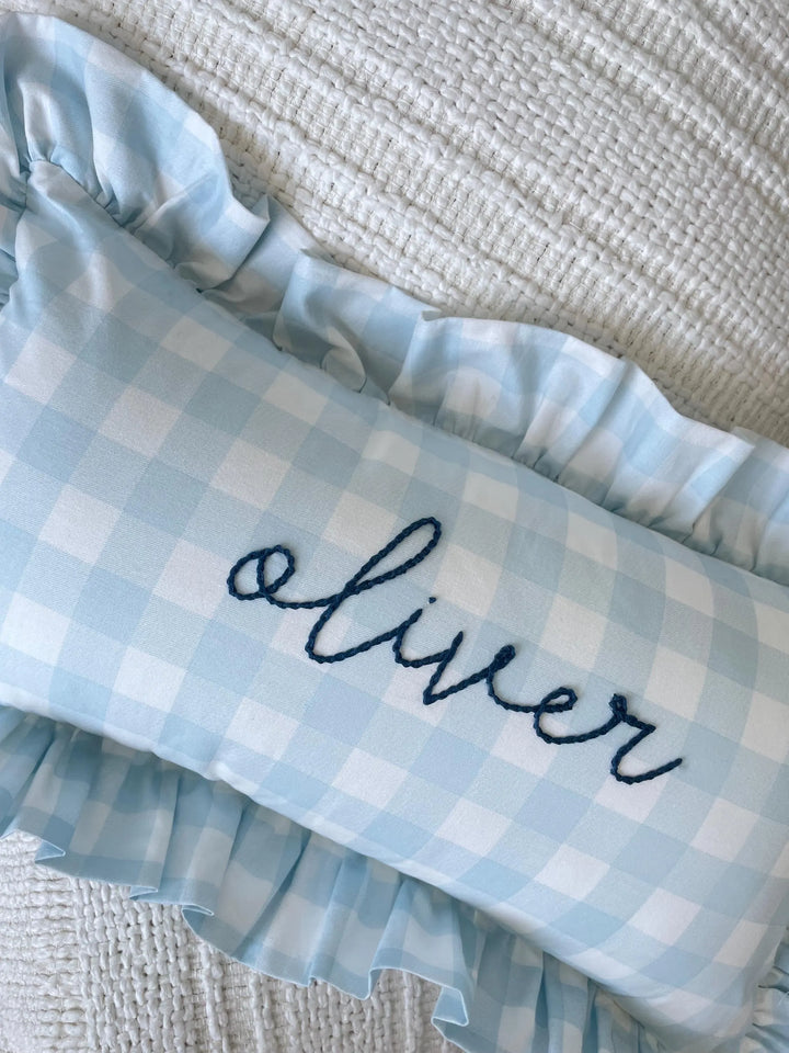 Blue Gingham pillowcase with personalized name- Hand Embroidered