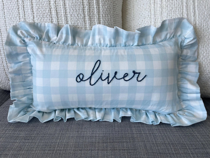 Blue Gingham pillowcase with personalized name- Hand Embroidered