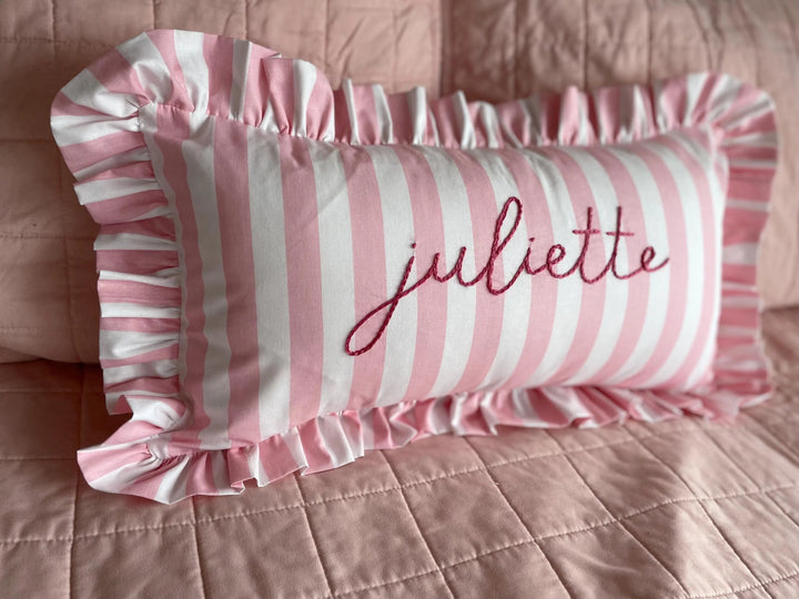 Pink Striped ruffle pillowcase with personalized name- Hand Embroidered