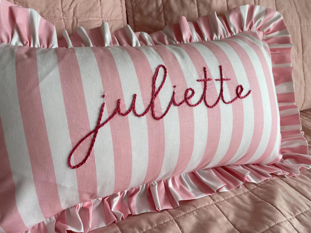 Pink Striped ruffle pillowcase with personalized name- Hand Embroidered