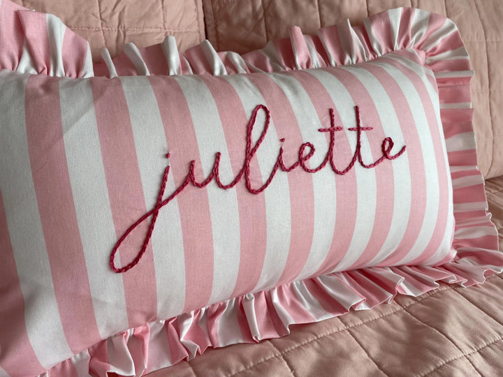 Pink Striped ruffle pillowcase with personalized name- Hand Embroidered