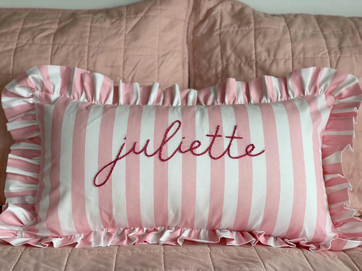 Pink Striped ruffle pillowcase with personalized name- Hand Embroidered