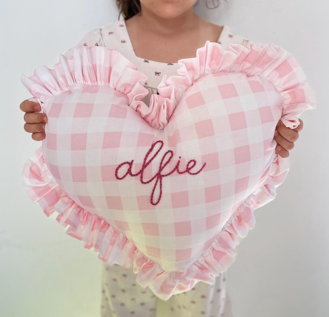 Heart-Shaped Pillow in Pink Gingham - Personalized Name - Hand Embroidered