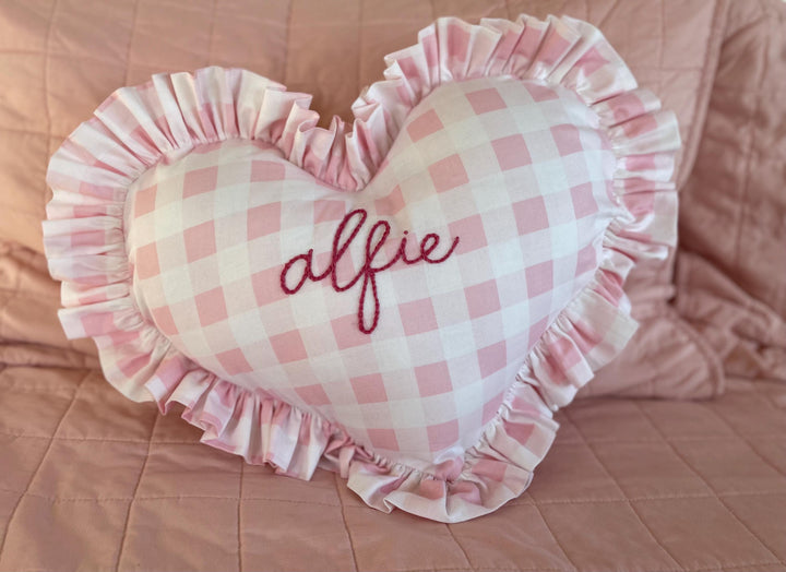 Heart-Shaped Pillow in Pink Gingham - Personalized Name - Hand Embroidered