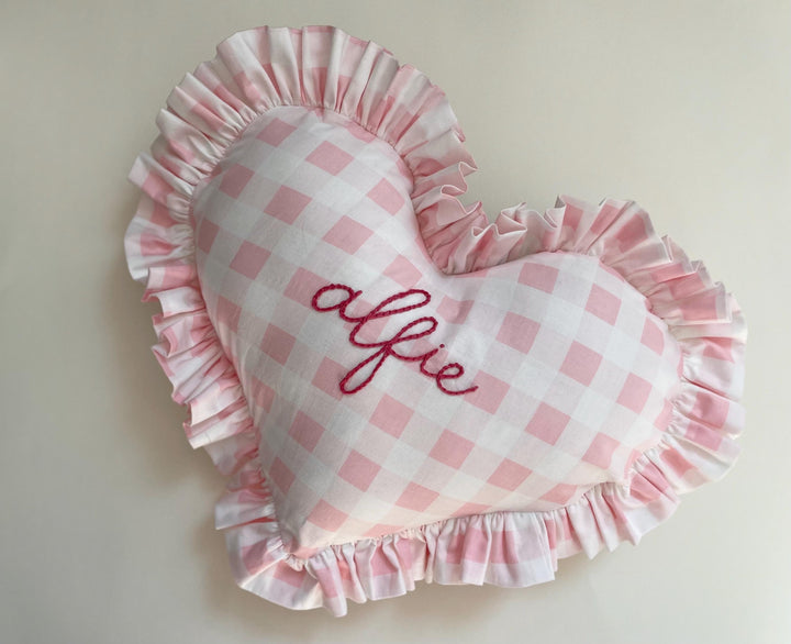 Heart-Shaped Pillow in Pink Gingham - Personalized Name - Hand Embroidered