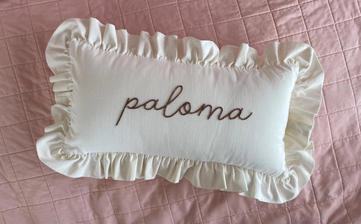 Cream Ruffle pillowcase with personalized name- Hand Embroidered