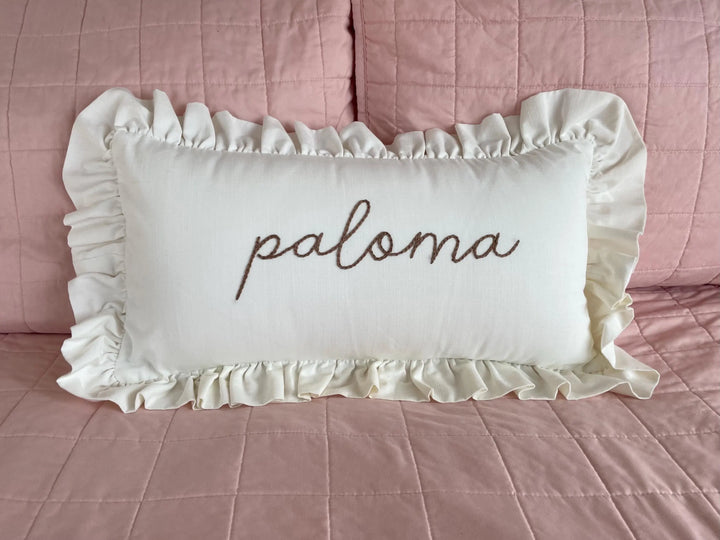 Cream Ruffle pillowcase with personalized name- Hand Embroidered