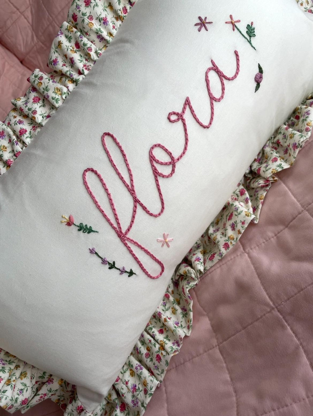 Floral Ruffle Pillowcase with personalized name- Hand Embroidered