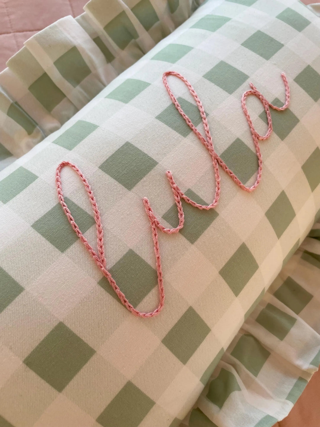 Light Green Gingham Ruffle Pillowcase with Personalized Name- Hand Embroidered