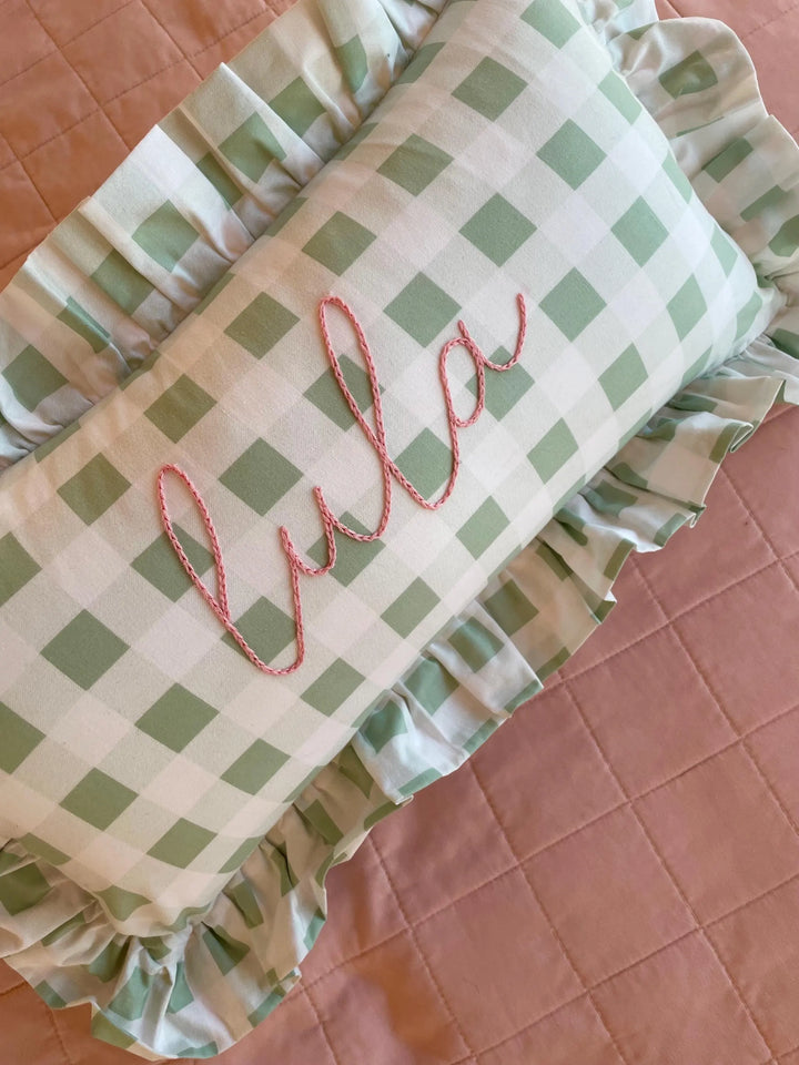Light Green Gingham Ruffle Pillowcase with Personalized Name- Hand Embroidered
